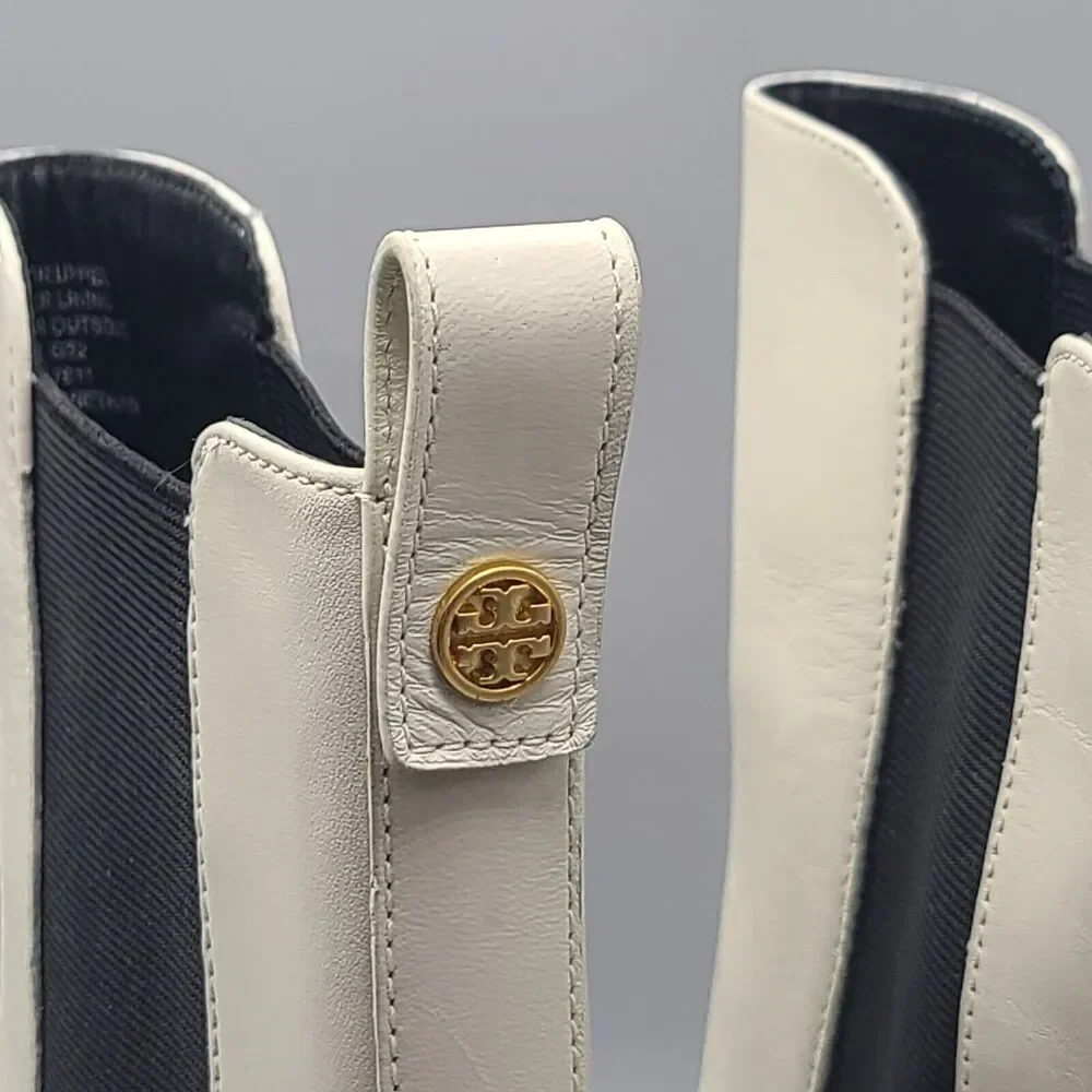 TORY BURCH Womens Benton Boots Pull On Chelsea Ivory Leather Midcalf sz 8.5 New